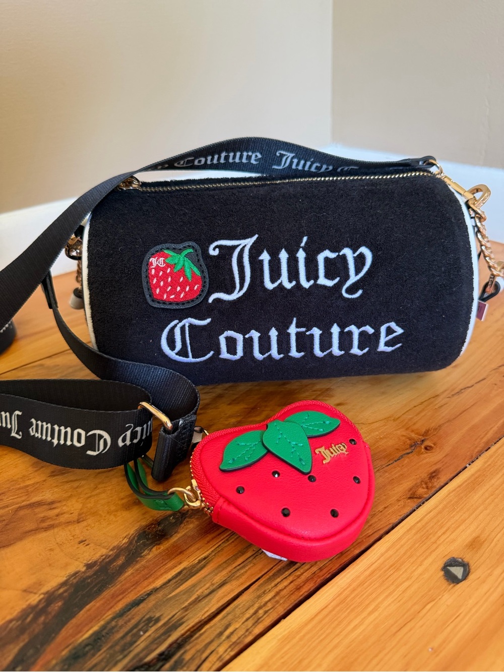 Juicy Couture Black Barrel Bag with Red Strawberry Coin Purse